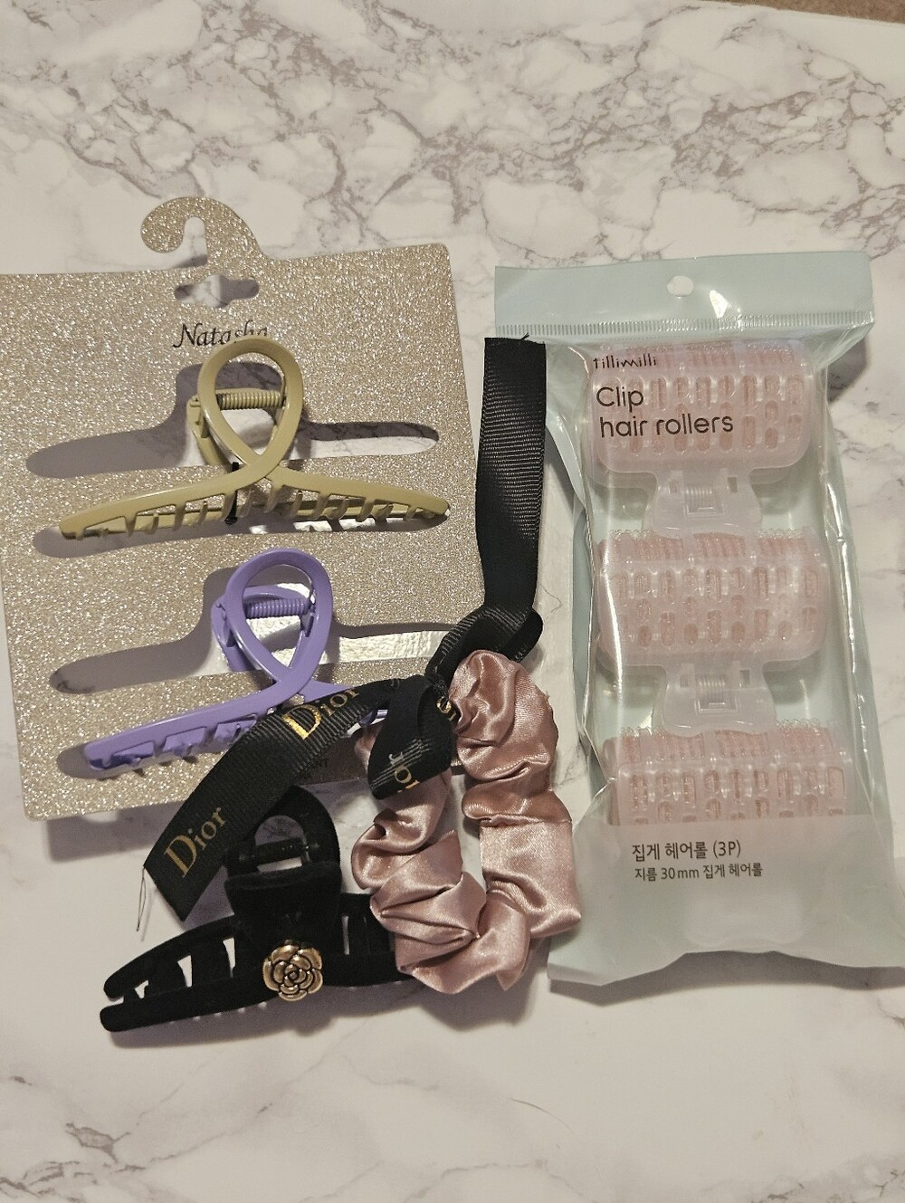Assorted Hair Clips & Pink Satin Scrunchie Set